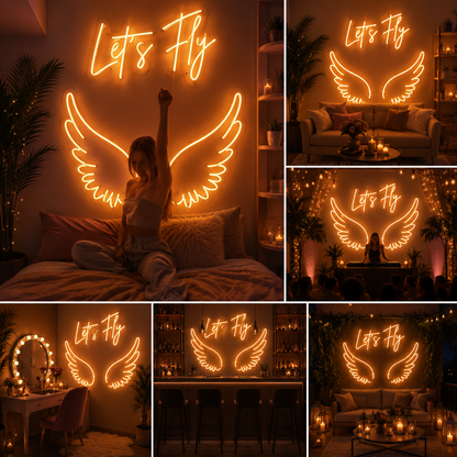 Let’s Fly Custom Neon Sign Board with Wings – LED Inspirational Neon Light | Angel Wings Neon Light Board (36x24 Inches)