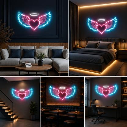 Angel Wings Heart Neon Sign Board with Halo LED Neon Light