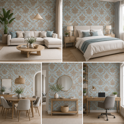 Wall Paper for Wall Decor, Non Adhesive Wallpaper for Walls Living Room, Bedroom (53 x 1000 cm, Roll 57sqft, Sea Blue Damask Design)