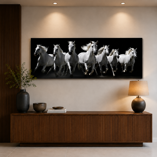 Seven White Running Horses Painting | Vastu Canvas Painting