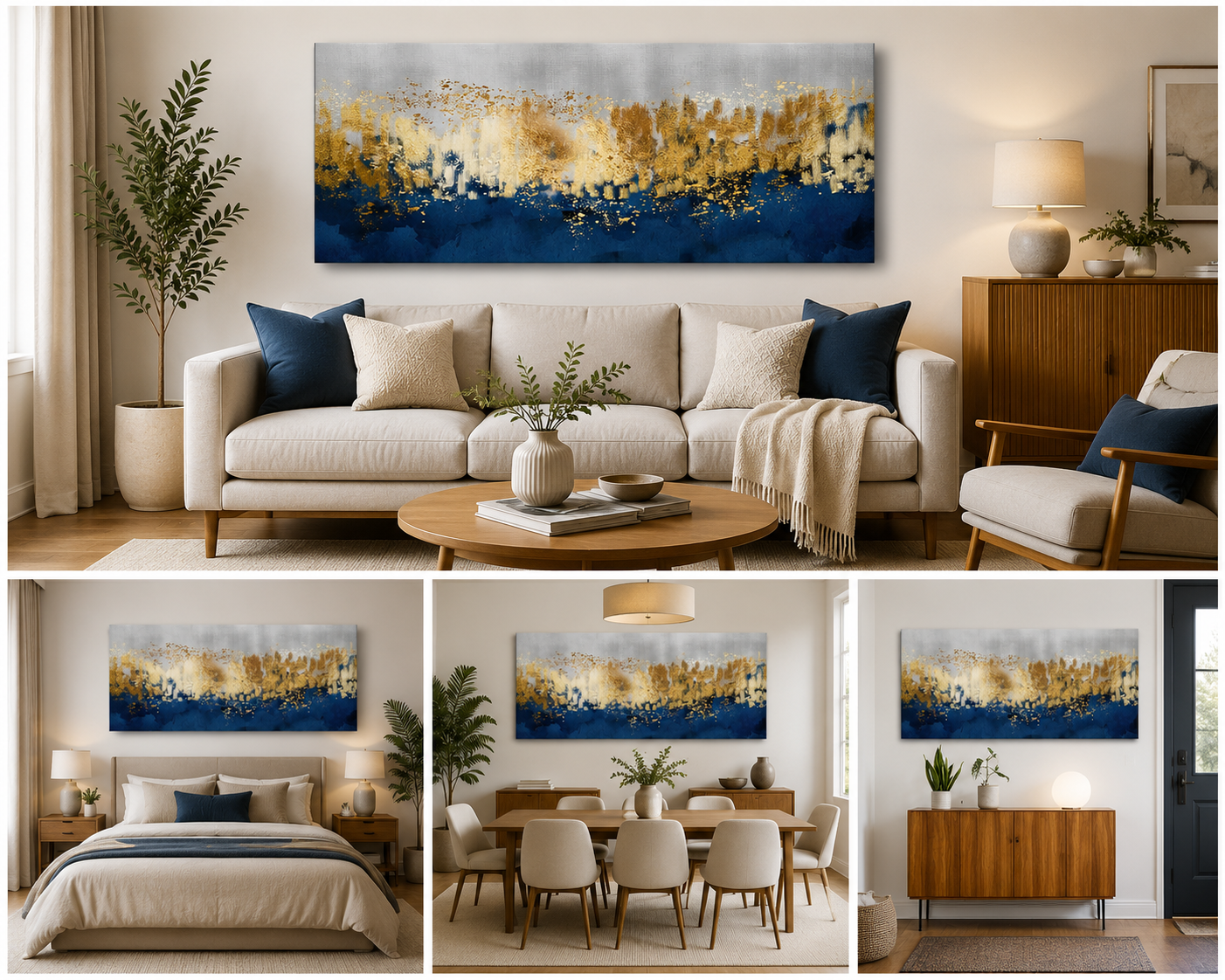 Abstract Gold Blue Canvas Painting Wall Art | Large Size Frame for Living Room Decor