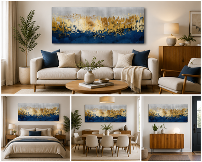 Abstract Gold Blue Canvas Painting Wall Art | Large Size Frame for Living Room Decor