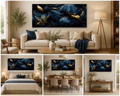 Luxury Blue & Gold Floral Canvas Wall Art for Modern Home Decor