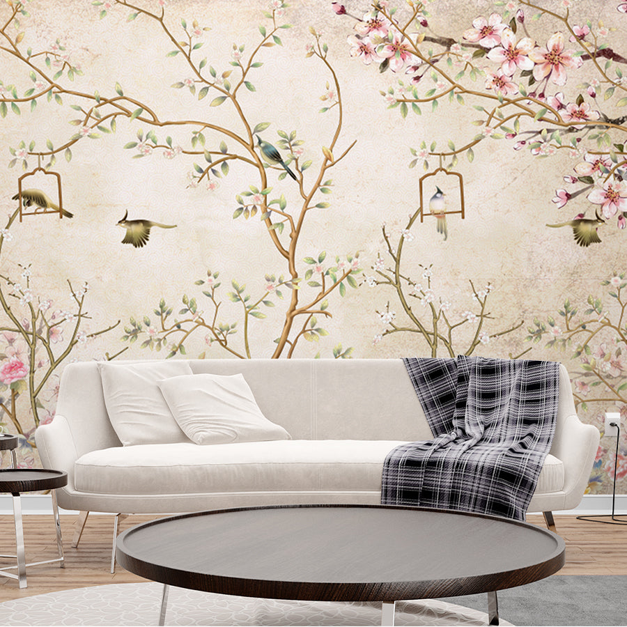 Premium Chirping Birds on Floral Art Wallpaper Self Adhesive for Living Room