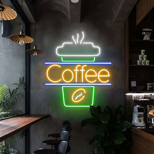 Coffee Glass Neon Sign | Custom Neon Sign | Neon for Restaurant, Cafe Neon coffee sign in a bar setting with plants and furniture.