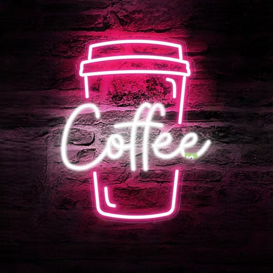Coffee Glass Neon Sign | Custom Neon Sign | Neon for Restaurants, Shop Neon sign of a coffee cup with the word 'Coffee' on a dark background