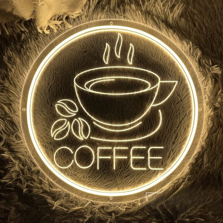 Coffee Logo Neon Sign | Custom Neon Sign | Neon for Restaurant, Cafe Neon sign with coffee cup and beans design on a textured surface