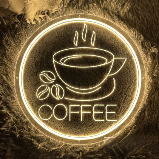 Coffee Logo Neon Sign | Custom Neon Sign | Neon for Restaurant, Cafe Neon sign with coffee cup and beans design on a textured surface