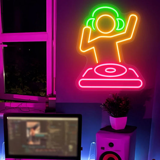 DJ music neon wall sign featuring turntable inspired design and vibrant LED illumination