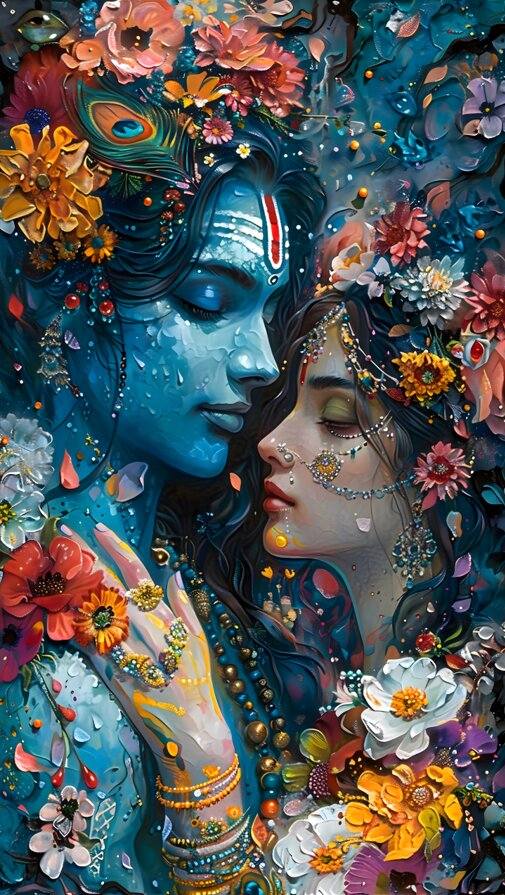 Colorful Radha Krishna Wall Art | Canvas Lord Krishna Canvas Painting Artistic depiction of a blue-skinned figure with floral and decorative elements