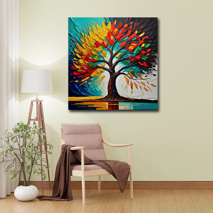 Colorful abstract Tree of Life canvas wall painting with textured leaves for living room and modern wall decor