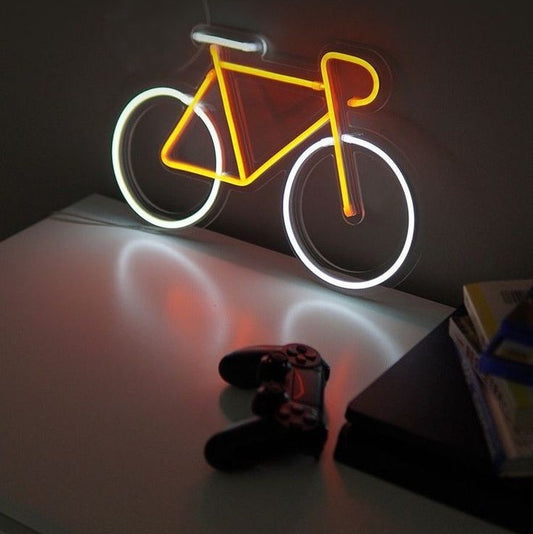 Bicycle LED neon sign with yellow frame and white illuminated wheels