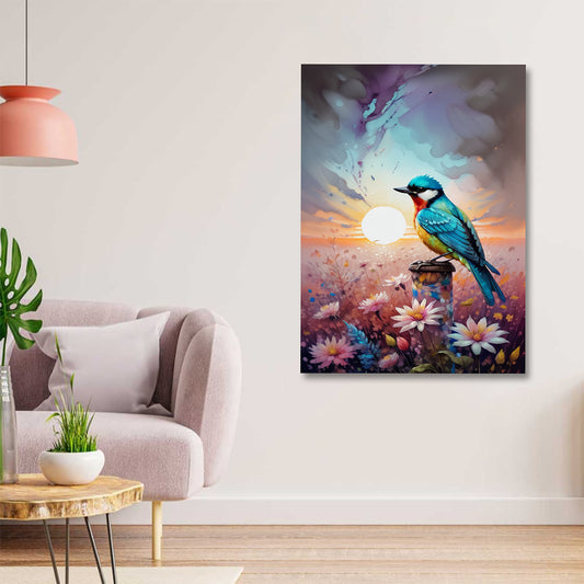 Colorful bird on post canvas painting modern nature wall art for home decor
