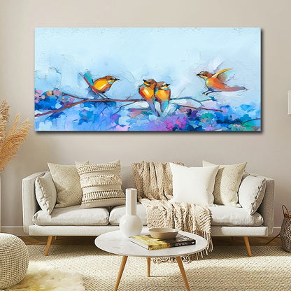 Colorful birds on branch panoramic canvas wall painting with soft pastel background for large living room wall decor