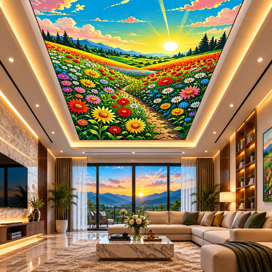 Recessed illuminated false ceiling featuring a bright floral valley landscape above a modern living room