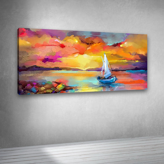 Colorful sunset sailboat canvas wall art seascape painting for living room and modern home decor