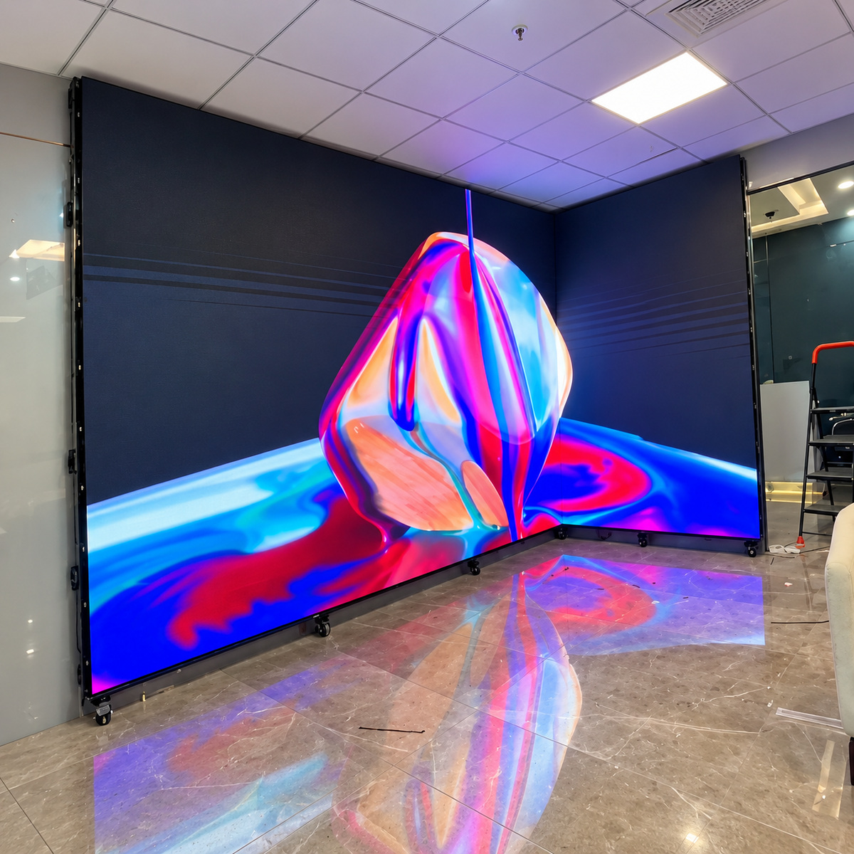 Immersive corner LED display screen installed across adjoining walls in a modern commercial interior