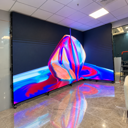 Immersive corner LED display screen installed across adjoining walls in a modern commercial interior