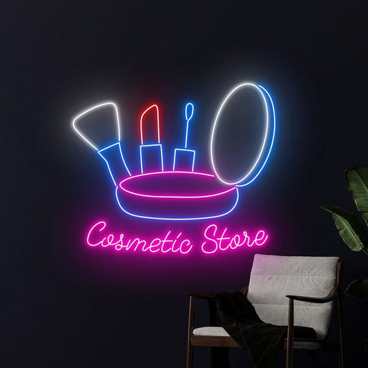 Cosmetic Stores Neon Sign | Comb Custom Neon Sign | Neon for Salon Neon sign of cosmetic products with 'Cosmetic Store' text on a dark background