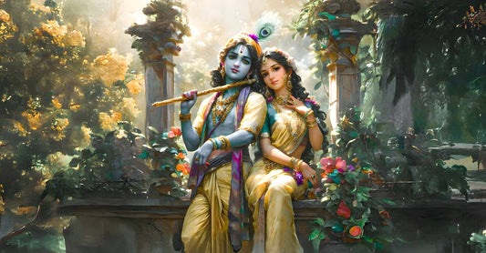 Couple Art | Radha Krishna Canvas Painting for Living Space Two figures in traditional attire sitting together in a garden setting with flowers and columns.