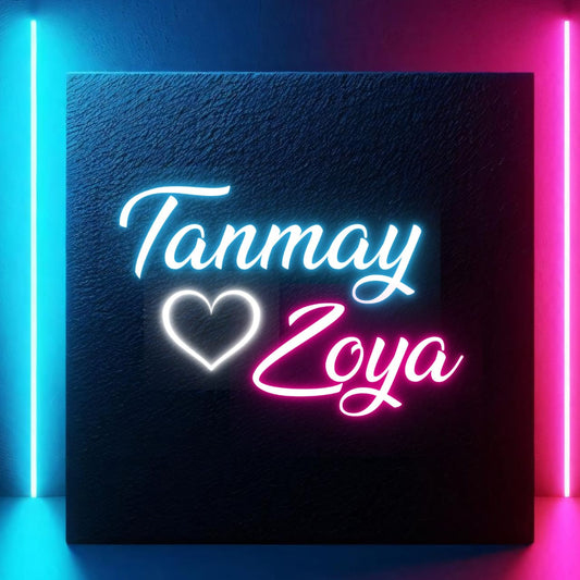 Couples Name Neon Light | Customized Neon Sign Neon sign with 'Tanmay ❤️ Zoya' on a dark background with colorful lights.