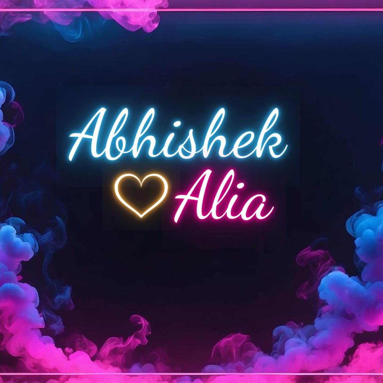 Couples Name Neon Light | Engagement Party Custom Neon Sign Neon text 'Abhishek ❤️ Alia' surrounded by colorful smoke on a dark background