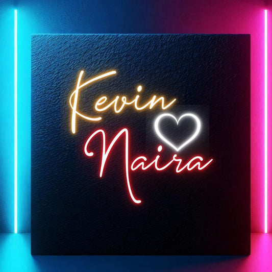 Couples Name Neon Light | Personalized Neon Sign for Home Décor Neon sign with 'Kevin Naira' on a dark background with colorful lights