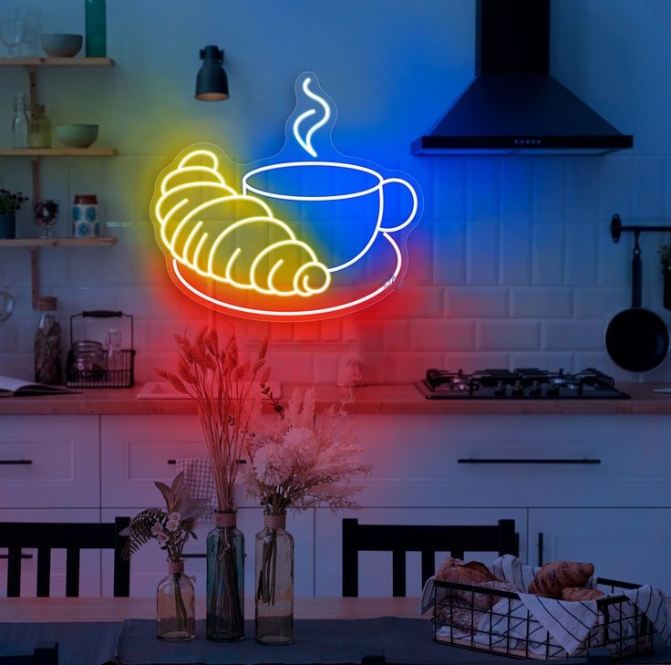 Croissant coffee cup Neon Sign | Custom Neon Sign | Neon for Restaurant Neon sign of a croissant and coffee cup in a kitchen setting