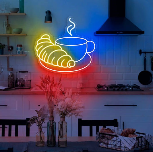 Croissant coffee cup Neon Sign | Custom Neon Sign | Neon for Restaurant Neon sign of a croissant and coffee cup in a kitchen setting