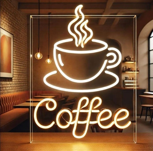 Cup Of Coffee Neon Sign | Custom Neon Sign | Neon for Restaurant Neon sign of a coffee cup with steam in a cozy cafe setting