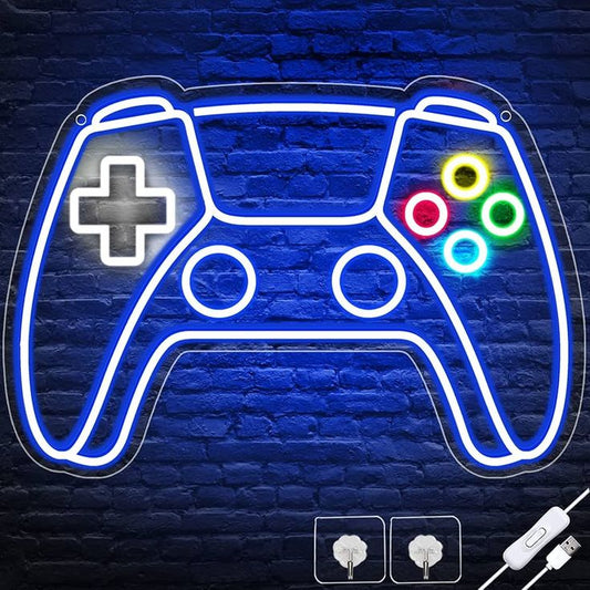 Custom Game Remote Neon Sign – vibrant 15x15 inch LED wall décor for gamers. Perfect accent lighting for game rooms, streaming setups, or man caves. Neon light shaped like a gaming controller on a brick wall background