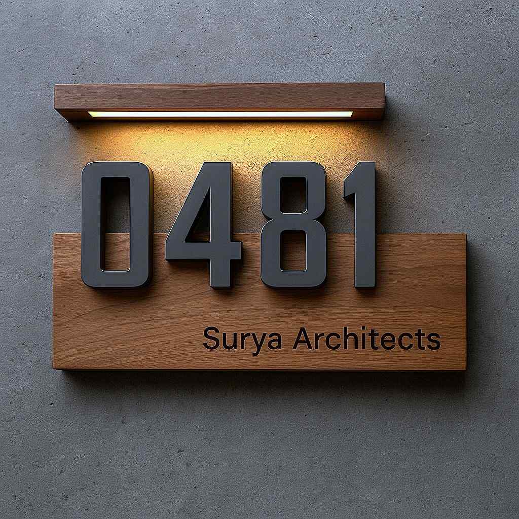 Illuminated wooden house number plaque with custom business name lettering and raised black numbers mounted on a contemporary exterior wall.