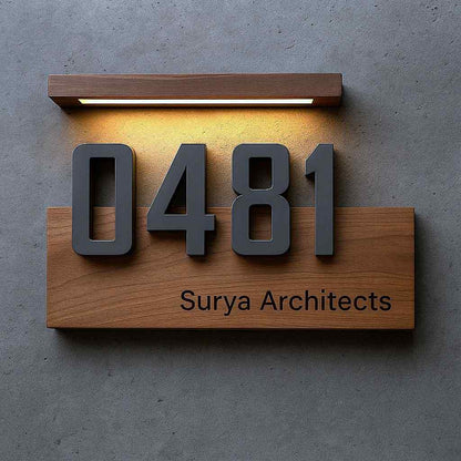 Illuminated wooden house number plaque with custom business name lettering and raised black numbers mounted on a contemporary exterior wall.