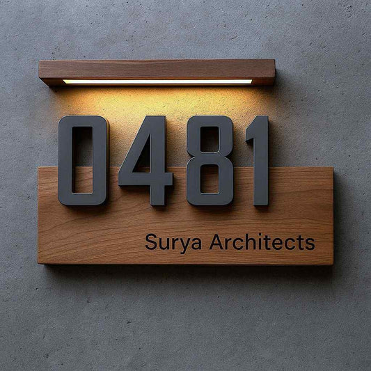 Illuminated wooden house number plaque with custom business name lettering and raised black numbers mounted on a contemporary exterior wall.