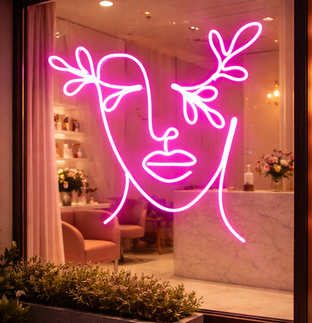 Custom Neon Sign for Names & Logos | Personalized LED Neon Light for Home & Events Neon pink face sculpture in a stylish interior setting with decor elements.