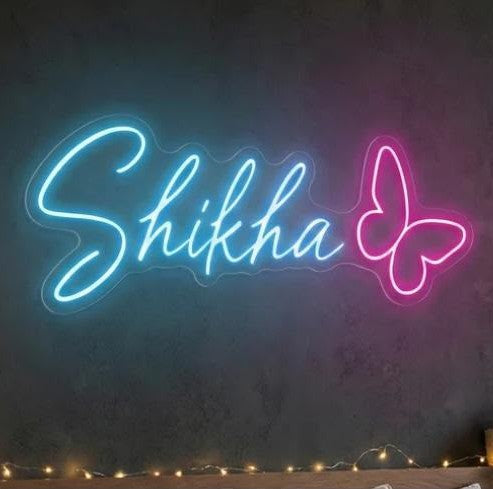Personalized LED neon name light with butterfly design and acrylic backboard for home decoration