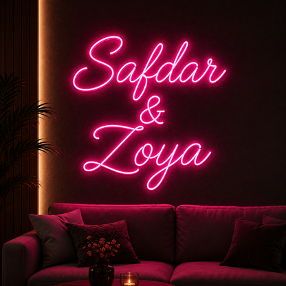 Personalized LED neon name sign for couples with elegant script lettering for home, wedding and engagement backdrop