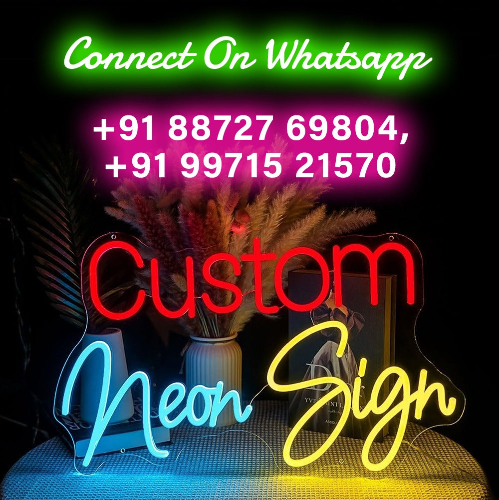 Neon sign with contact information and 'Custom Neon Sign' text on a dark background