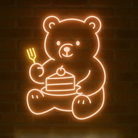 Cute Neon Bear Wall Light with Cake – Glowing LED Sign for Café or Kids’ Room customized neon custom neon light sign