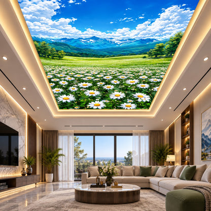 Recessed illuminated false ceiling featuring a mountain meadow and daisy field above a living room