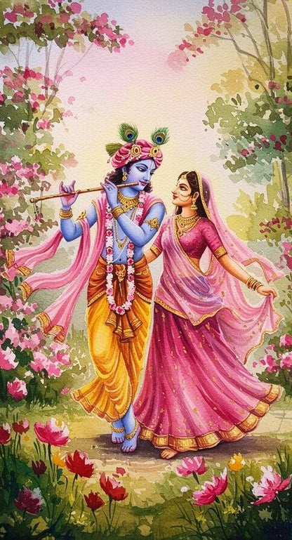 Dancing Radha Krishna Wallpaper | Spiritual Wall Décor for Living Room Colorful illustration of a couple in traditional attire walking through a garden with flowers.