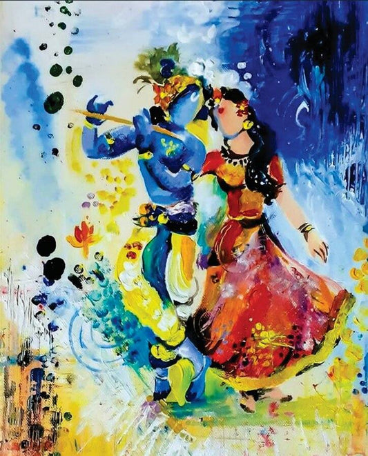 Dancing Radha With Krishna Canvas | Radha Krishna Painting for Room Colorful painting of a couple dancing with abstract background