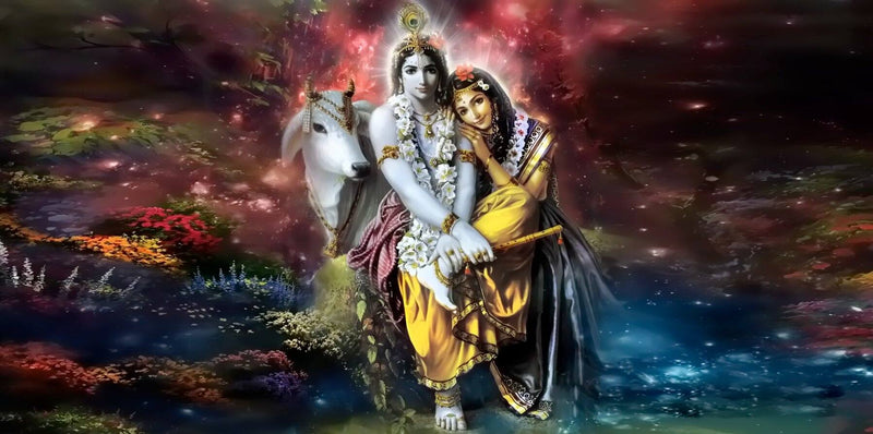 Devotional Peel and Stick Wall Décor | Radha Krishna Wallpaper Two figures sitting on a horse with a mystical, colorful background