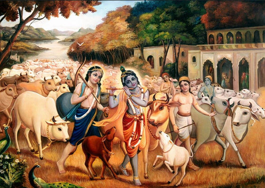 Divine Krishna with Cows in Vrindavan | Spiritual Canvas Painting Painting of a group of people with cows in a scenic setting