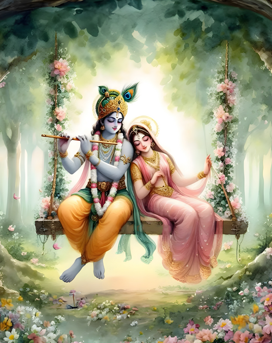 Divine Love Symbolism | Radha Krishna Printed Canvas Painting Two figures sitting on a swing in a garden with flowers and greenery