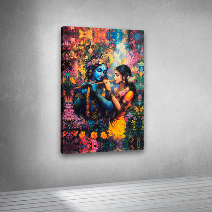 Colorful Radha Krishna artwork canvas print for contemporary spiritual interiors