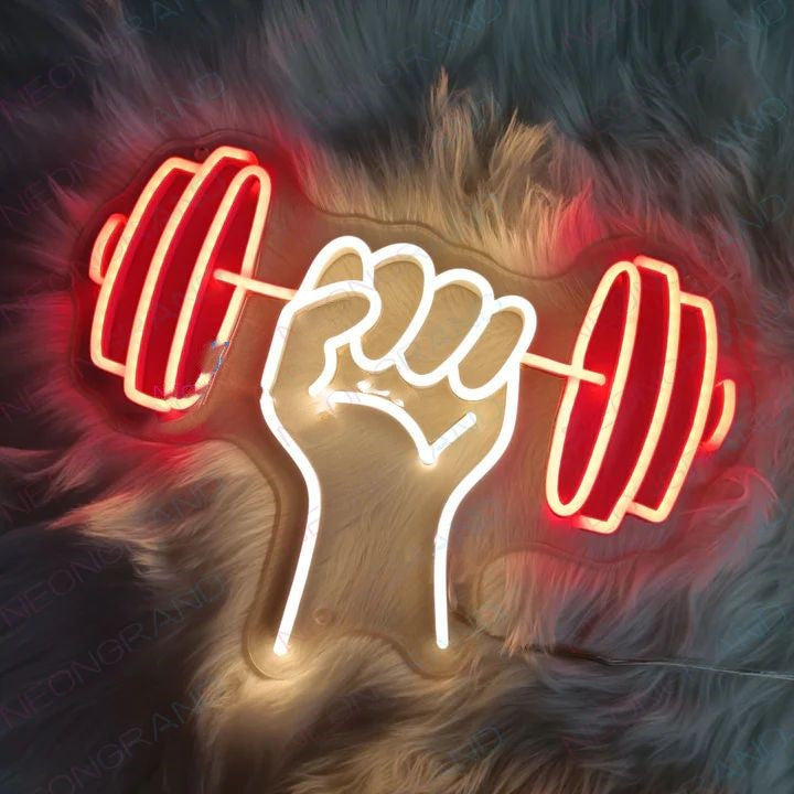 Dumble In Hand Neon Sign | Custom Neon Sign | Neon for Gym and Fitness Neon sign of a hand holding dumbbells on a textured background