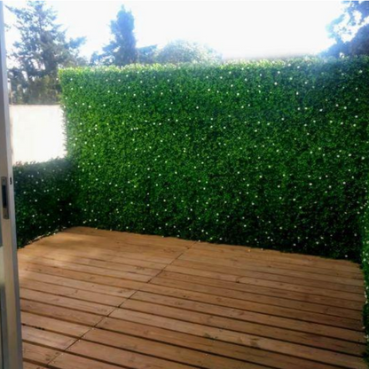 Premium Artificial Floral Hedge Wall Panel 1 x 1 Meter | Decorative Green Wall with White Flowers for Home, Office & Commercial Spaces