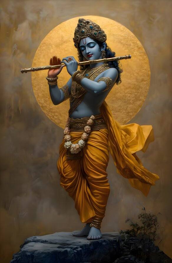 Easy Stick Flute Krishna Décor | Self Adhesive Wall Mural Statue of a deity playing a flute with a golden halo on a textured background