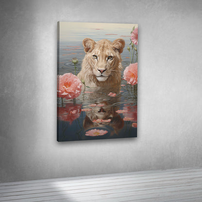 Serene lioness artwork with flowers canvas print for contemporary interiors